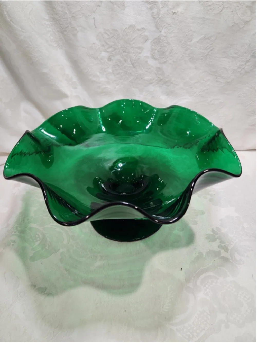 Vintage Blenko Emerald Green Hand Blown Glass Compote Bowl 11